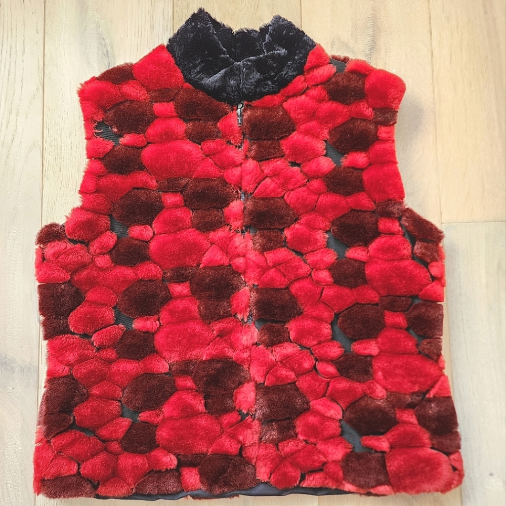 Vintage Joseph Ribkoff Trends Faux-Fur Red Black Vest Size 12